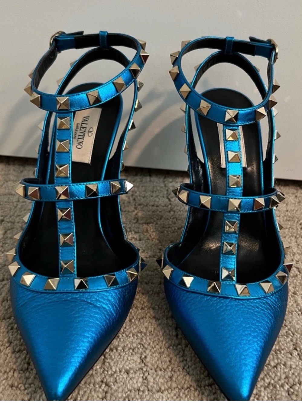 Valentino Metallic Blue Studded T-Strap Pumps